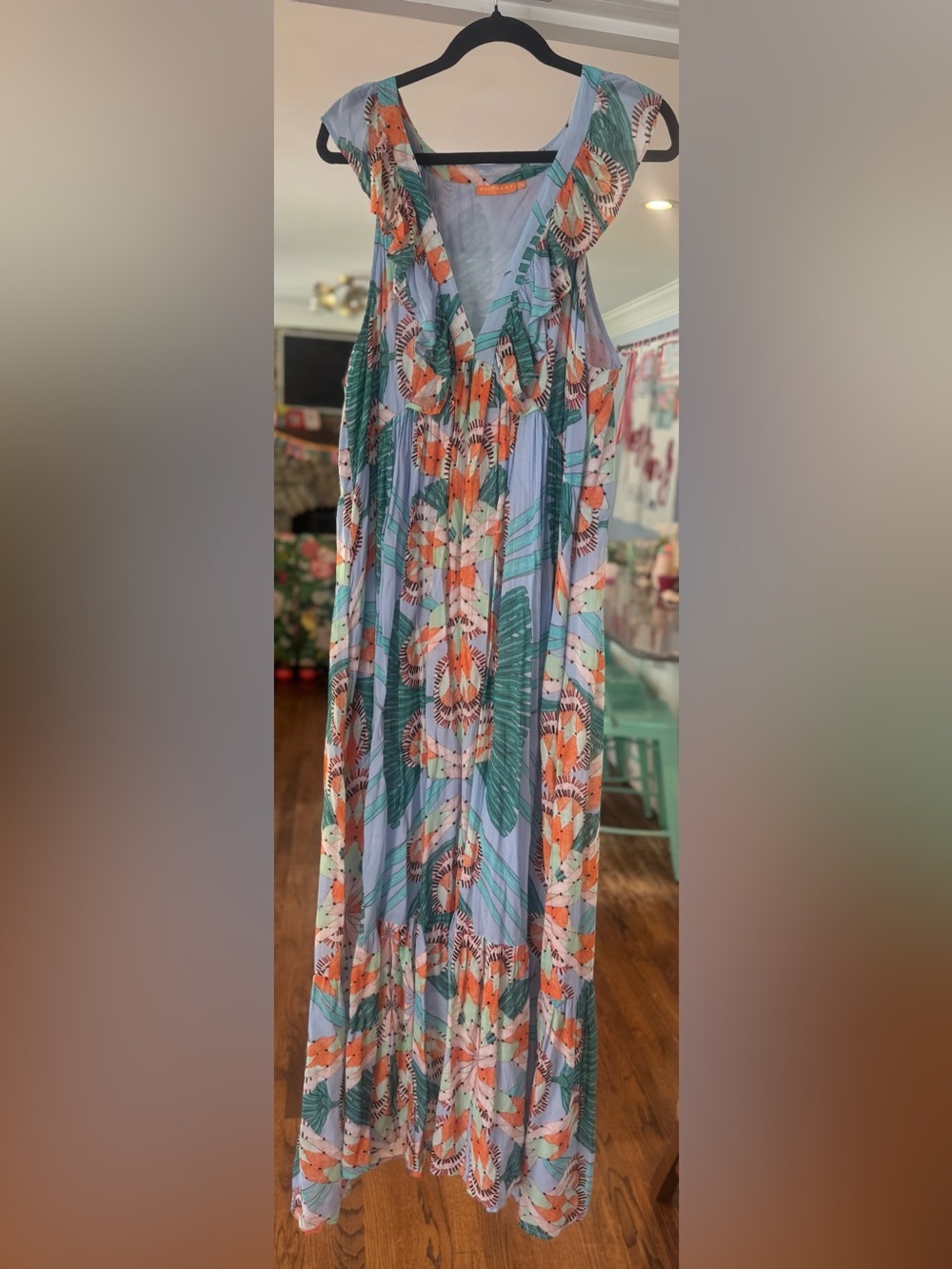 Oliphant Ruffle V-Neck Smocked Maxi Dress Blue Geometric Floral